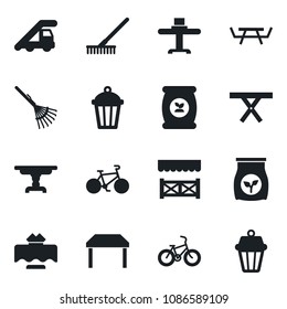 Set of vector isolated black icon - ladder car vector, rake, garden light, picnic table, fertilizer, bike, restaurant, alcove, outdoor lamp