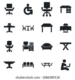 Set of vector isolated black icon - cafe vector, waiting area, desk, picnic table, disabled, office chair, restaurant, man with notebook