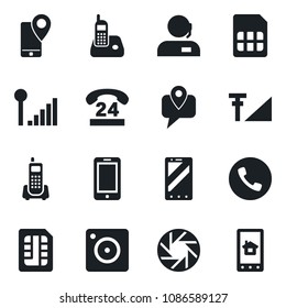 Set of vector isolated black icon - phone vector, mobile, office, 24 hours, tracking, radio, camera, sim, cellular signal, support, home control app