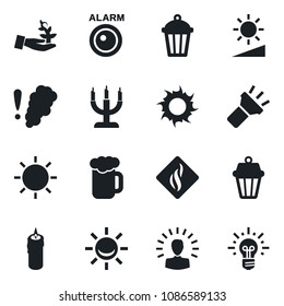 Set of vector isolated black icon - sun vector, garden light, torch, brightness, beer, candle, smoke detector, outdoor lamp, alarm led, palm sproute, shining head, idea