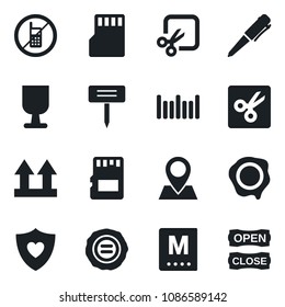 Set of vector isolated black icon - no mobile vector, pen, stamp, plant label, heart shield, pin, fragile, up side sign, barcode, sd, cut, menu, open close