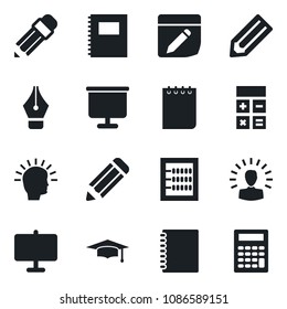 Set of vector isolated black icon - calculator vector, graduate, notepad, pencil, notes, copybook, presentation board, abacus, ink pen, shining head
