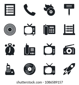 Set of vector isolated black icon - alarm clock vector, tv, plant label, vinyl, flame disk, radio, phone, call, abacus, office, rocket