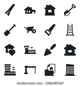 Set of vector isolated black icon - barrier vector, airport building, trowel, shovel, ladder, wheelbarrow, saw, house, with garage, estate document, sweet home, city