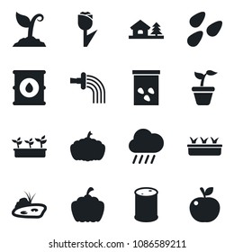 Set of vector isolated black icon - seedling vector, watering, sproute, rain, pumpkin, seeds, tulip, oil barrel, house with tree, pond, apple fruit