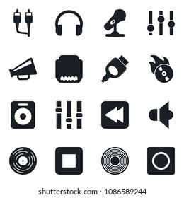 Set of vector isolated black icon - vinyl vector, flame disk, microphone, speaker, loudspeaker, settings, headphones, stop button, rewind, rca, hdmi, record