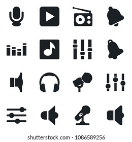 Set of vector isolated black icon - microphone vector, radio, speaker, settings, equalizer, headphones, play button, tuning, bell, music, sound