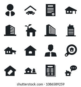 Set of vector isolated black icon - office building vector, contract, house, with garage, tree, estate search, agent, smart home, city, eco, message