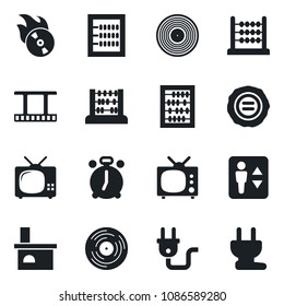 Set of vector isolated black icon - elevator vector, alarm clock, abacus, stamp, fireplace, film frame, vinyl, flame disk, tv, power plug