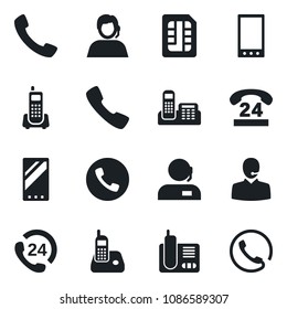 Set of vector isolated black icon - phone vector, office, 24 hours, support, radio, mobile, call, sim