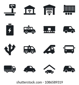 Set of vector isolated black icon - airport bus vector, ladder car, ambulance, route, truck trailer, delivery, heavy scales, railroad, garage, gate control, battery