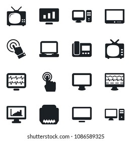Set of vector isolated black icon - statistic monitor vector, pulse, tv, touch screen, laptop pc, hdmi, statistics, intercome