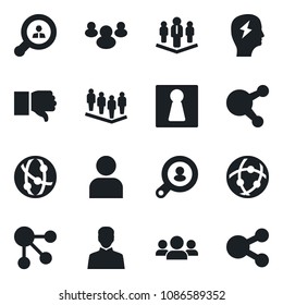 Set of vector isolated black icon - female vector, team, brainstorm, network, share, group, finger down, user, company, client search, social media