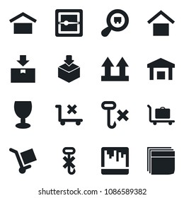 Set of vector isolated black icon - baggage trolley vector, fragile, cargo, warehouse storage, up side sign, no, hook, package, search, scanner, blank box