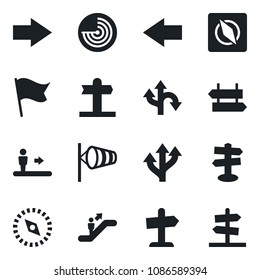 Set of vector isolated black icon - escalator vector, signpost, right arrow, left, wind, radar, route, compass, flag, guidepost