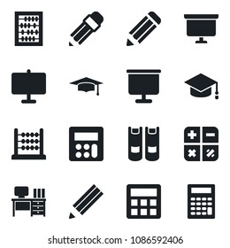 Set of vector isolated black icon - book vector, calculator, graduate, abacus, desk, presentation board, pencil