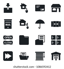 Set of vector isolated black icon - automatic door vector, shop, checkroom, umbrella, package, mail, fast forward, folder, document, mailbox, open close, home control, jalousie, garage gate