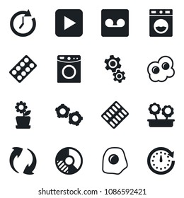 Set of vector isolated black icon - gear vector, circle chart, pills blister, play button, update, record, flower in pot, omelette, washer, clock