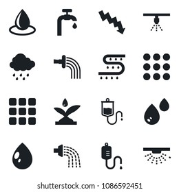 Set of vector isolated black icon - crisis graph vector, watering, water drop, rain, drip irrigation, dropper, menu, supply, sprinkler