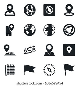 Set of vector isolated black icon - seat map vector, navigation, earth, pin, mobile tracking, route, network, place tag, compass, flag