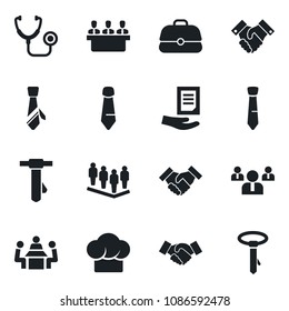 Set of vector isolated black icon - handshake vector, team, tie, document, stethoscope, meeting, cook hat, case