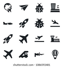 Set of vector isolated black icon - plane vector, departure, arrival, ladder car, boarding, globe, airport building, lady bug, rocket, paper, air balloon