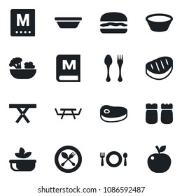 Set of vector isolated black icon - spoon and fork vector, picnic table, cafe, menu, salad, salt pepper, steak, hamburger, bowl, apple fruit