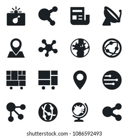 Set of vector isolated black icon - satellite antenna vector, bomb in case, globe, earth, pin, consolidated cargo, network, share, news, social media
