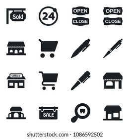Set of vector isolated black icon - 24 around vector, shop, pen, store, search cargo, sale, sold signboard, cafe building, open close, cart, storefront