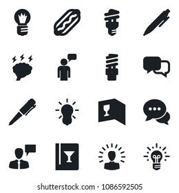 Set of vector isolated black icon - speaking man vector, pen, brainstorm, bulb, dialog, wine card, hot dog, energy saving, shining head, idea