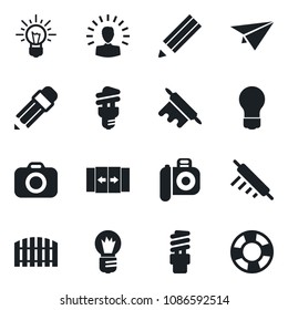 Set of vector isolated black icon - automatic door vector, bulb, camera, pencil, fence, rolling pin, energy saving, shining head, idea, paper plane, crisis management