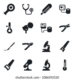 Set of vector isolated black icon - pruner vector, saw, stethoscope, blood pressure, thermometer, heart diagnostic, microscope, scalpel, microphone