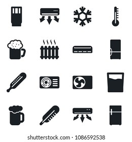 Set of vector isolated black icon - thermometer vector, heater, air conditioner, fridge, drink, beer, snowflake