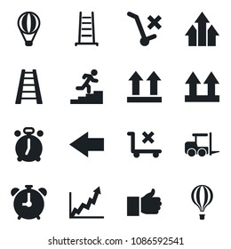 Set of vector isolated black icon - alarm clock vector, left arrow, fork loader, ladder, up side sign, no trolley, finger, career, graph, growth, air balloon