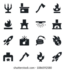 Set of vector isolated black icon - bomb in case vector, fire, hose, axe, fireplace, flammable, flame disk, candle, sprinkler, rocket