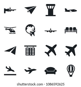 Set of vector isolated black icon - plane vector, airport tower, arrival, waiting area, boarding, helicopter, flight table, globe, paper, air balloon