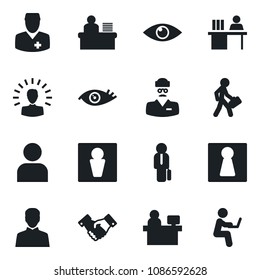 Set of vector isolated black icon - male vector, female, handshake, manager place, eye, doctor, user, desk, shining head, man with notebook