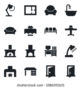 Set of vector isolated black icon - waiting area vector, desk, fireplace, lamp, plan, bathroom, cushioned furniture, restaurant table, door