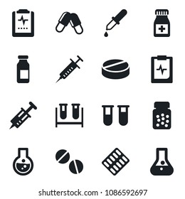 Set of vector isolated black icon - syringe vector, blood test vial, dropper, pills, bottle, blister, ampoule, pulse clipboard, flask