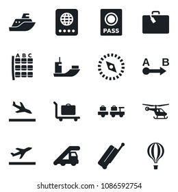 Set of vector isolated black icon - suitcase vector, departure, arrival, baggage trolley, passport, larry, ladder car, helicopter, seat map, sea shipping, route, compass, air balloon