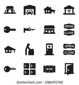Set of vector isolated black icon - automatic door vector, baby room, boarding, medical, checkroom, house with garage, key, cafe building, open close, gate control