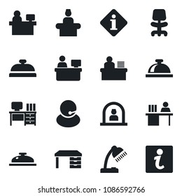 Set of vector isolated black icon - reception bell vector, office chair, desk, manager place, support, lamp, information