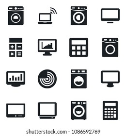 Set of vector isolated black icon - wireless notebook vector, washer, radar, calculator, tv, monitor, statistics