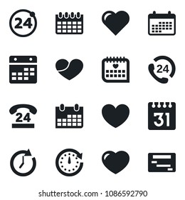 Set of vector isolated black icon - 24 around vector, calendar, heart, medical, hours, clock, schedule