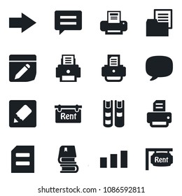 Set of vector isolated black icon - right arrow vector, document, printer, folder, sorting, message, notes, book, rent