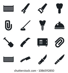 Set of vector isolated black icon - safe vector, job, saw, hoe, garden knife, implant, cargo container, paper clip, dish