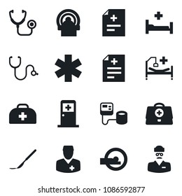 Set of vector isolated black icon - medical room vector, doctor case, diagnosis, stethoscope, blood pressure, scalpel, tomography, ambulance star, hospital bed