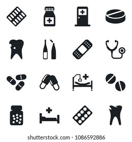 Set of vector isolated black icon - medical room vector, stethoscope, pills, bottle, blister, ampoule, patch, hospital bed, caries