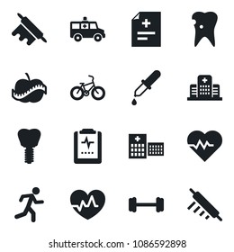 Set of vector isolated black icon - heart pulse vector, diagnosis, dropper, ambulance car, barbell, bike, run, caries, implant, clipboard, diet, hospital, rolling pin