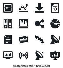 Set of vector isolated black icon - satellite antenna vector, office binder, crisis graph, document reload, diagnosis, barcode, scanner, download, monitor statistics, pie, point, wireless